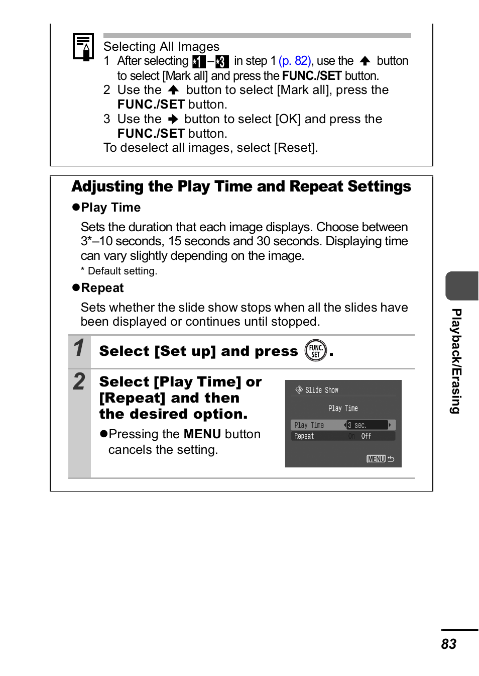 Adjusting the play time and repeat settings | Canon IXUS 60 User Manual | Page 85 / 131