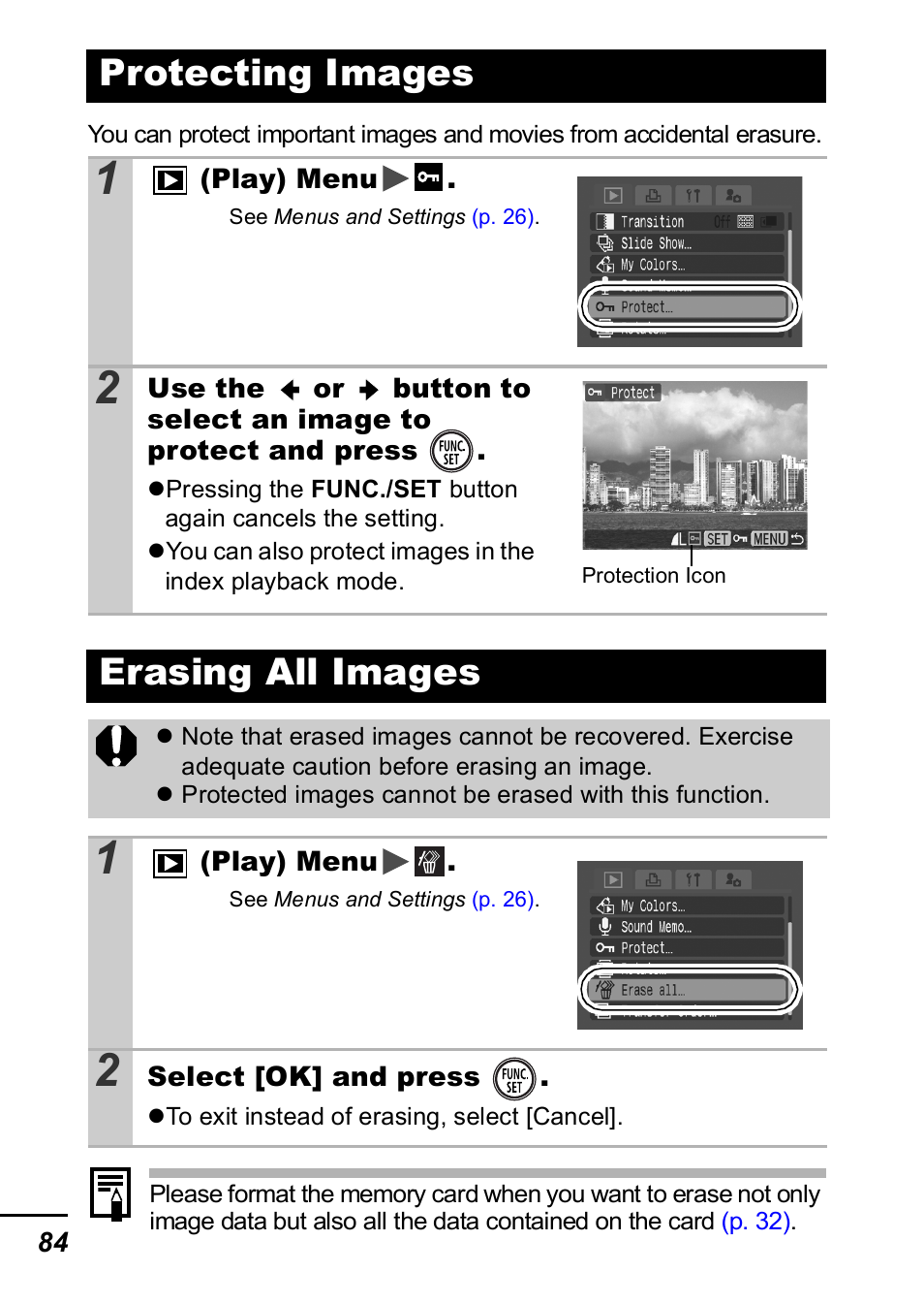 Protecting images, Erasing all images, Protecting images erasing all images | P. 84), P. 84 | Canon IXUS 60 User Manual | Page 86 / 131