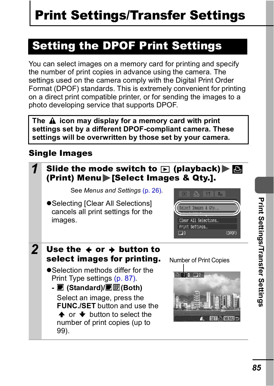 Print settings/transfer settings, Setting the dpof print settings, P. 85 | P. 85) | Canon IXUS 60 User Manual | Page 87 / 131