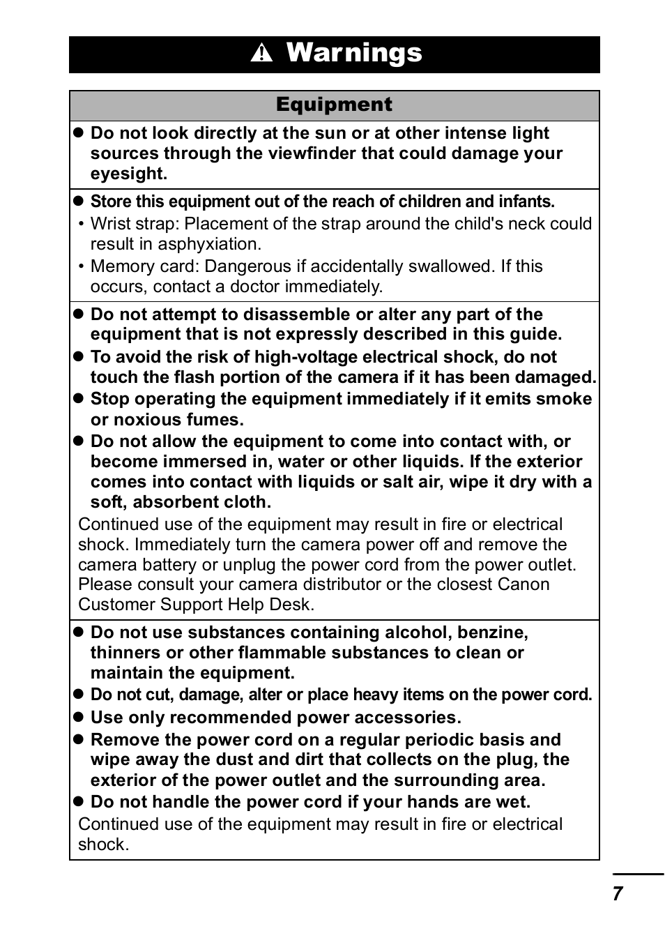 Warnings | Canon IXUS 60 User Manual | Page 9 / 131