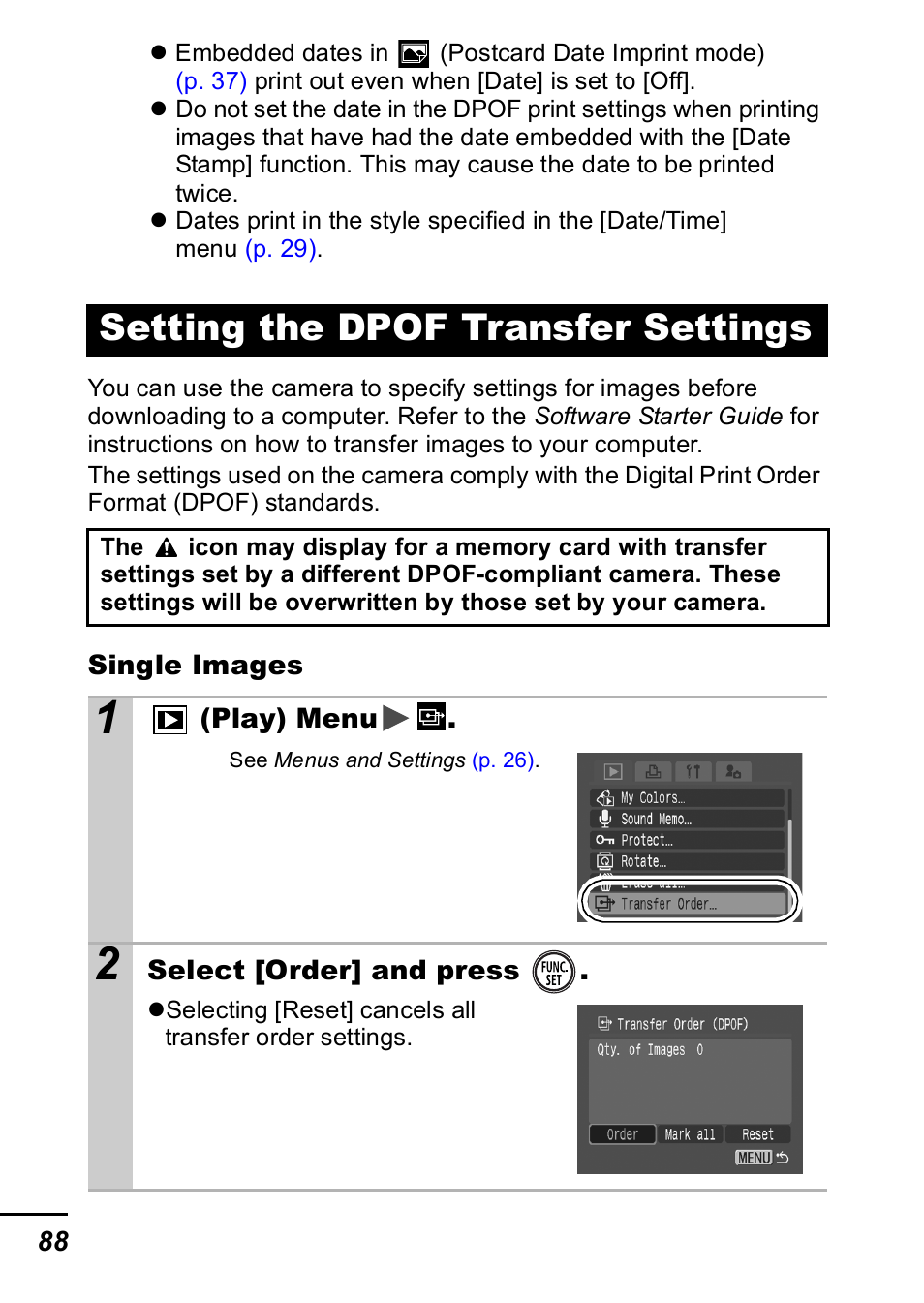 Setting the dpof transfer settings, P. 88 | Canon IXUS 60 User Manual | Page 90 / 131