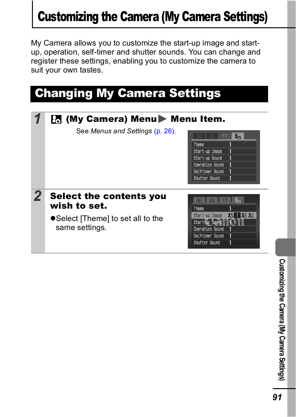 Customizing the camera (my camera settings), Changing my camera settings, P. 91) | Canon IXUS 60 User Manual | Page 93 / 131
