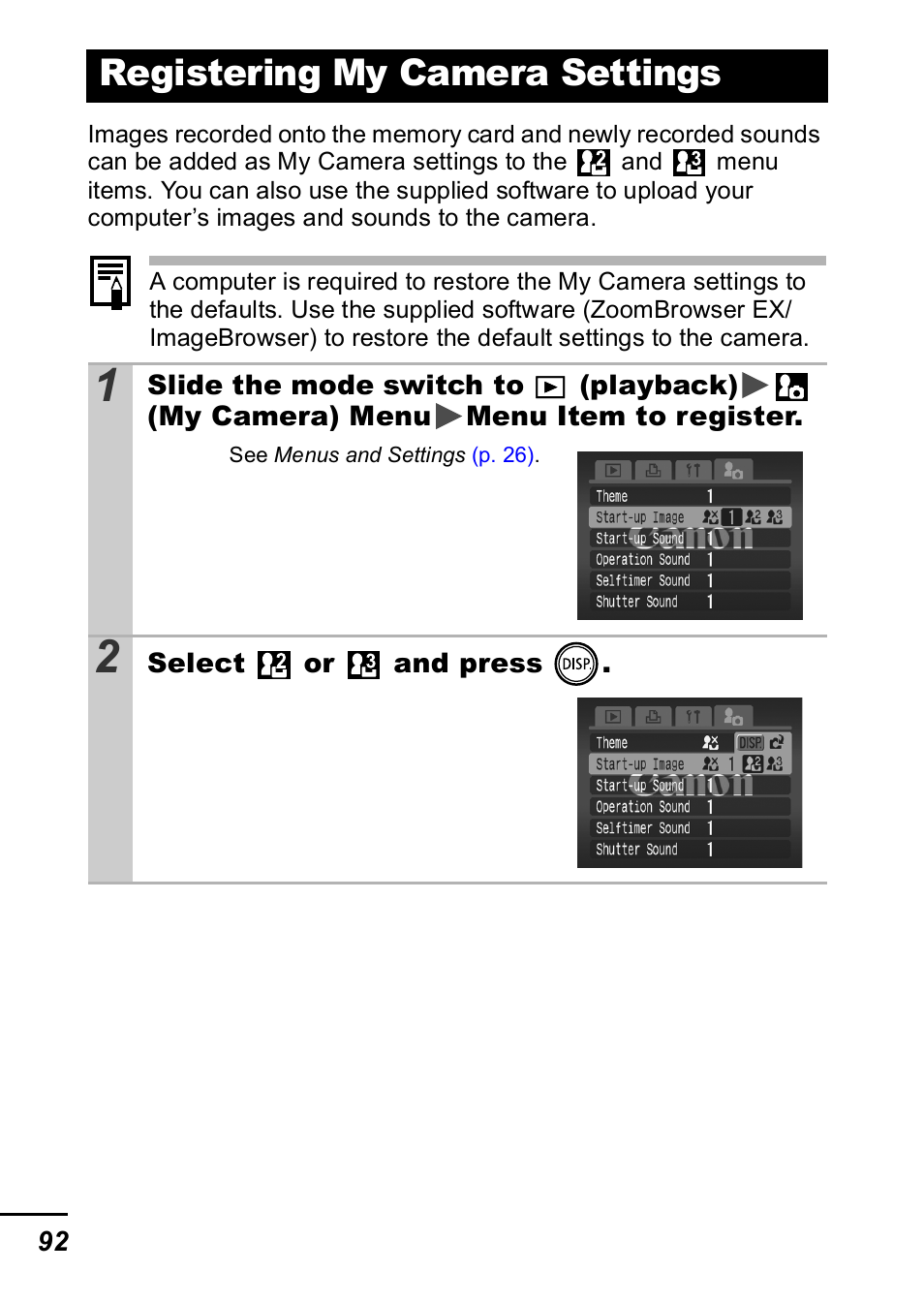 Registering my camera settings, P. 92) | Canon IXUS 60 User Manual | Page 94 / 131