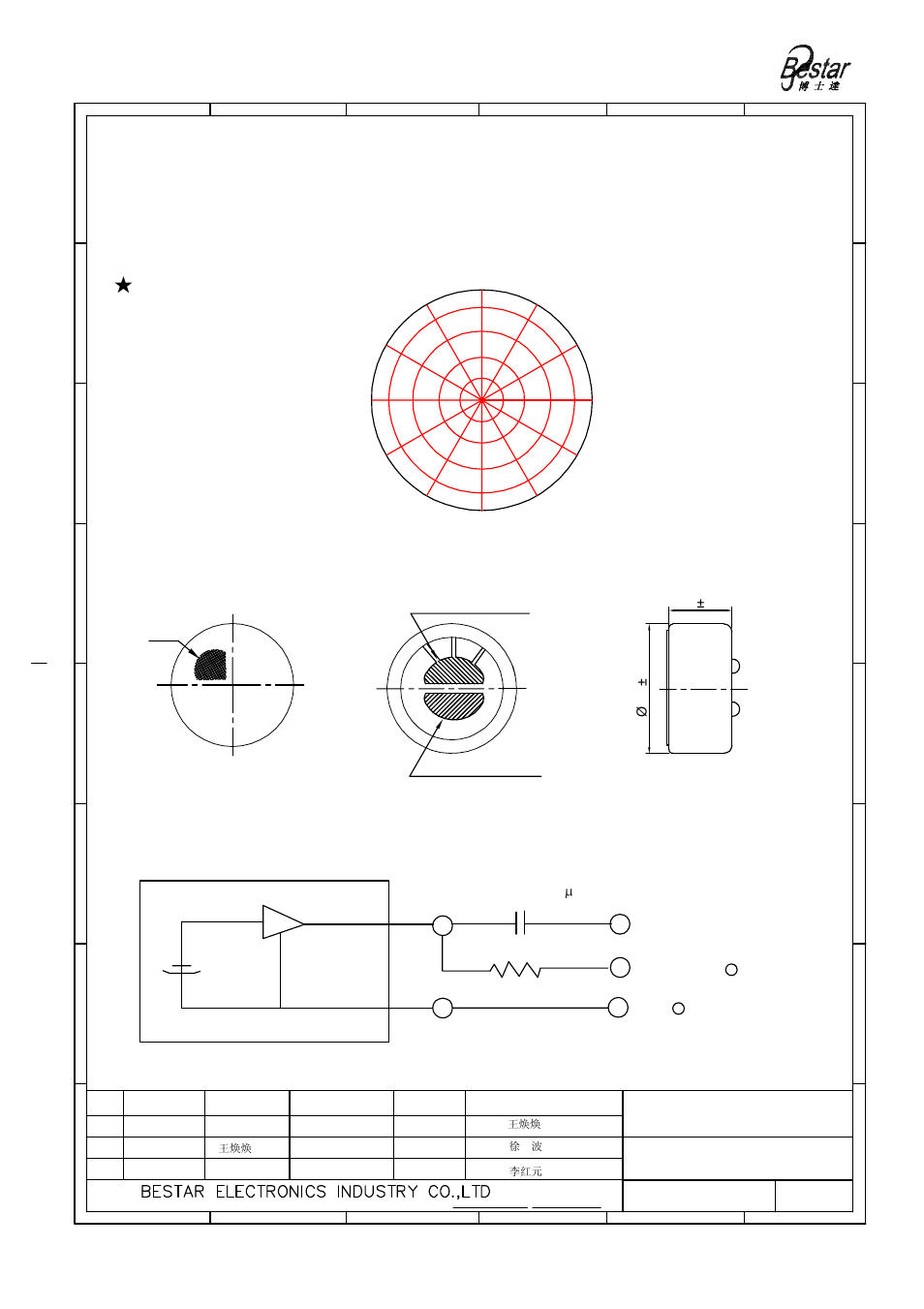 Microphone, Angular response, Drawing | Measurement circuit, Filter, Terminal1 "+" terminal2 | BeStar BCM6027OF-42 User Manual | Page 3 / 6