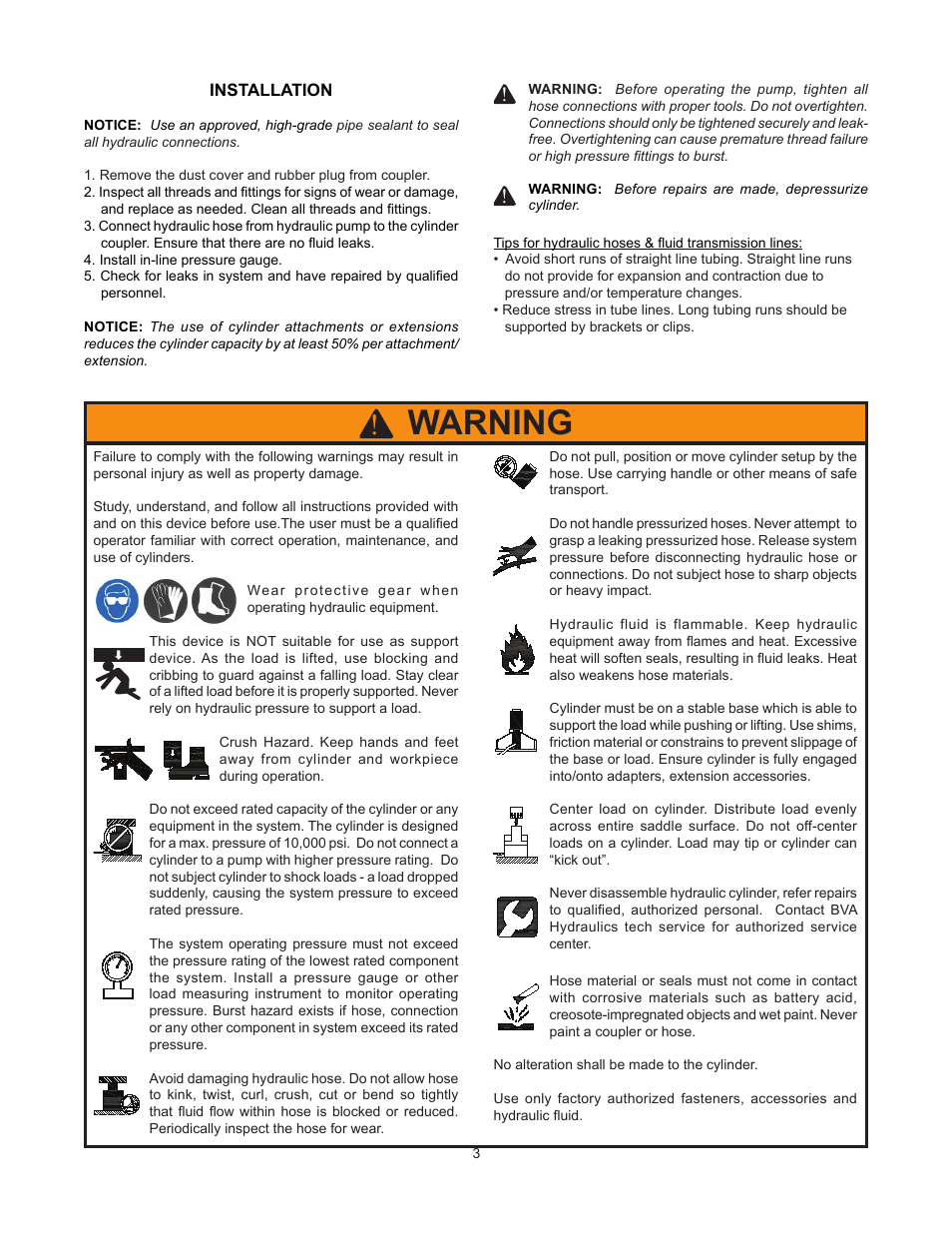 Warning | BVA Hydraulics HDG20012 User Manual | Page 3 / 8