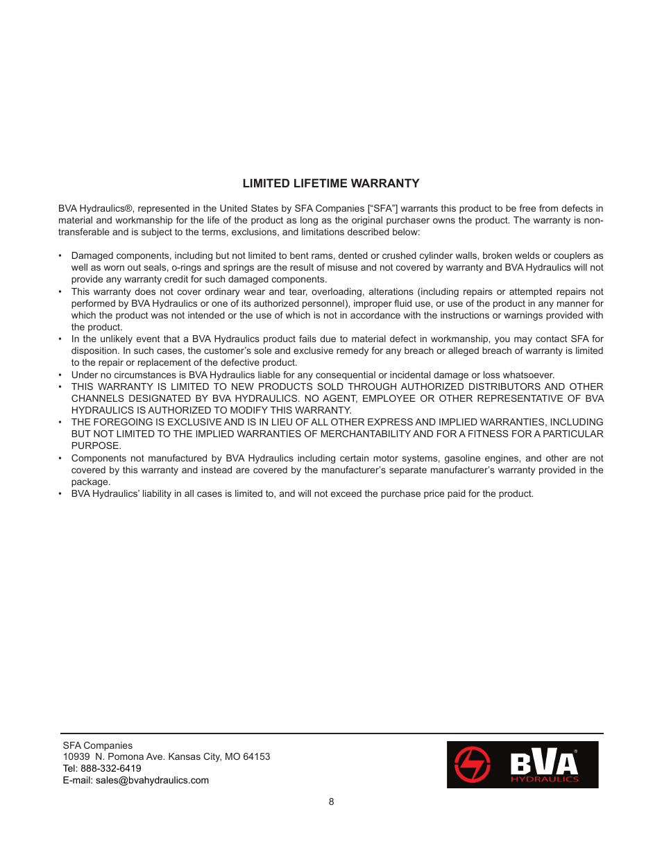 BVA Hydraulics HDG20012 User Manual | Page 8 / 8