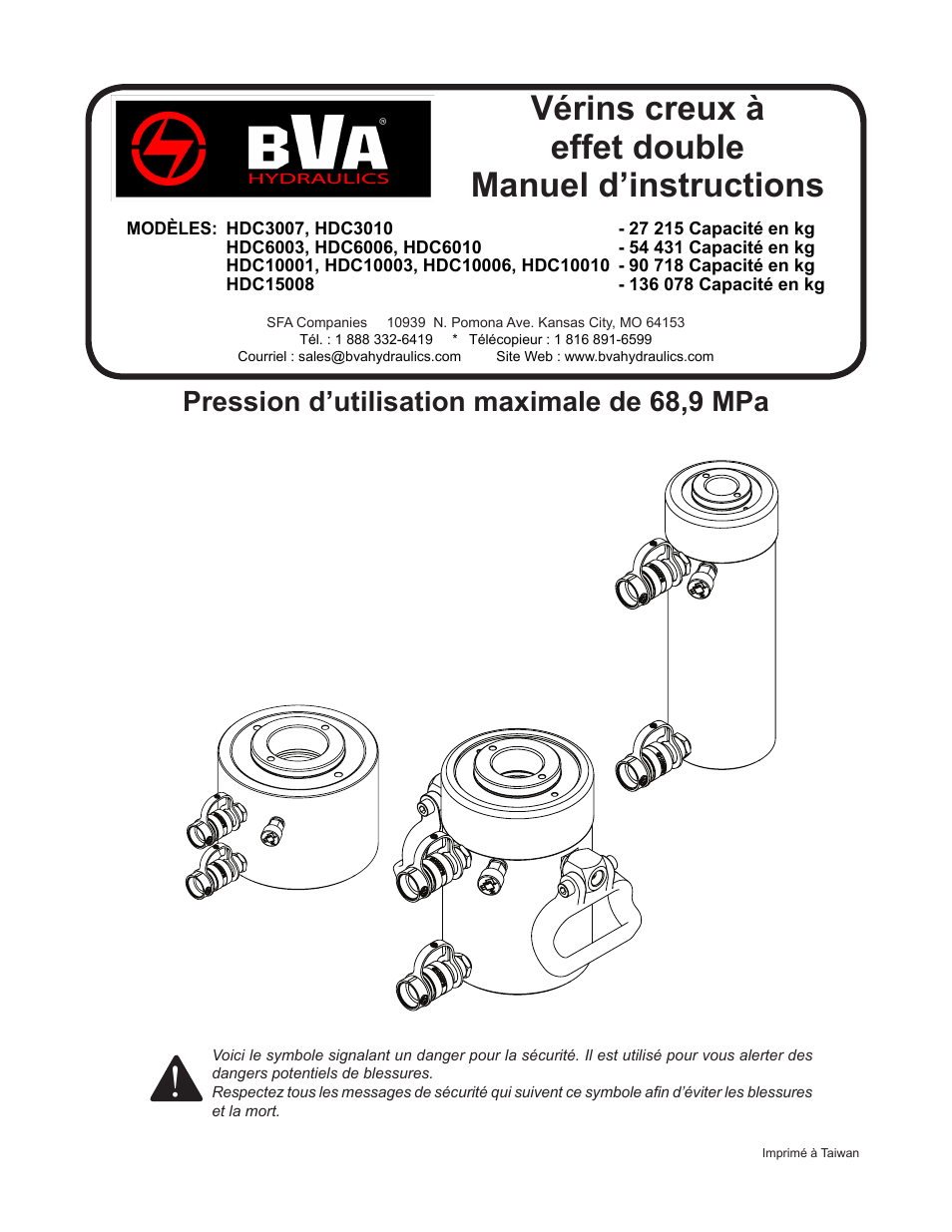 Vérins creux à effet double manuel d’instructions, Pression d’utilisation maximale de 68,9 mpa | BVA Hydraulics HDC15008 User Manual | Page 15 / 42
