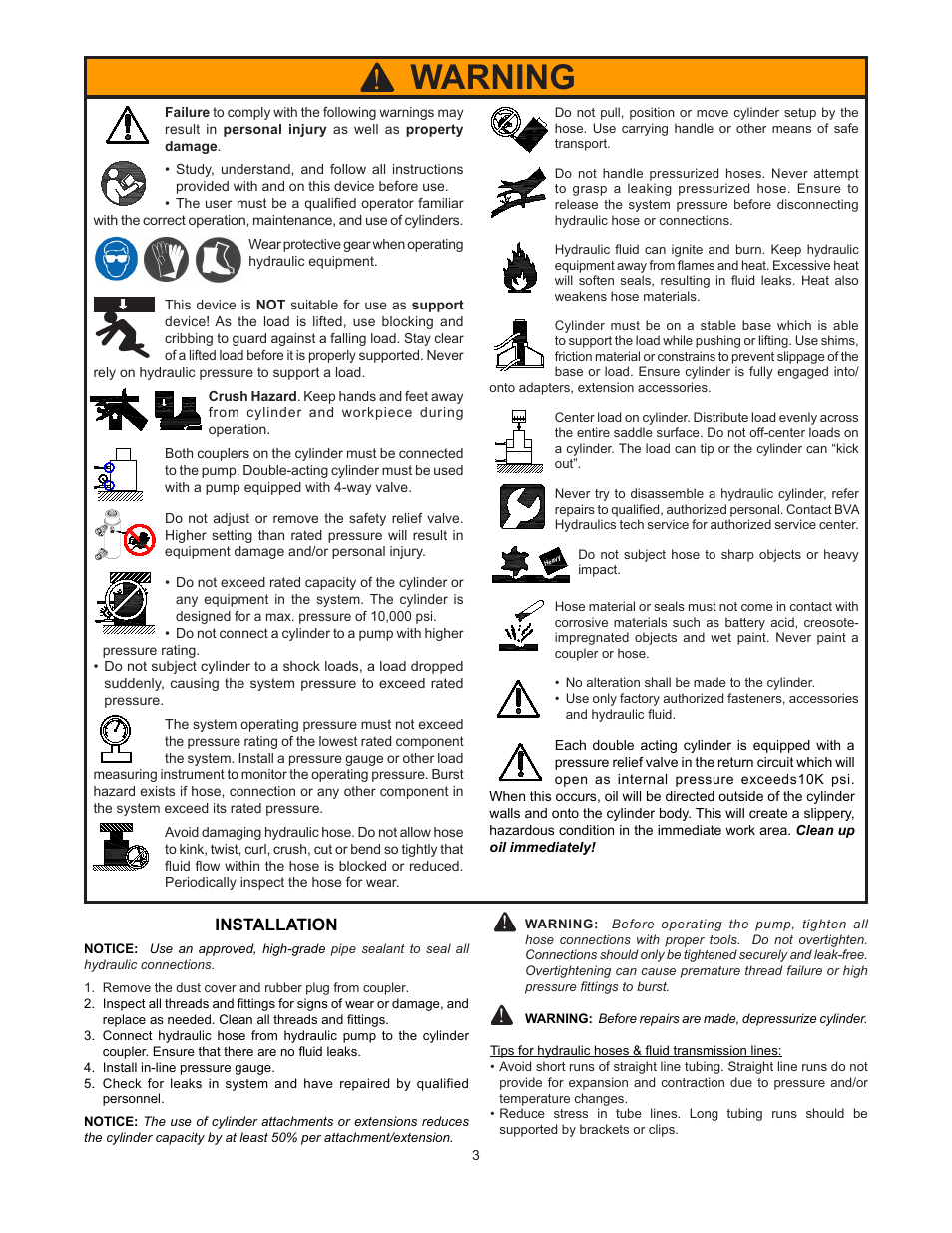 Warning | BVA Hydraulics HDC15008 User Manual | Page 3 / 42