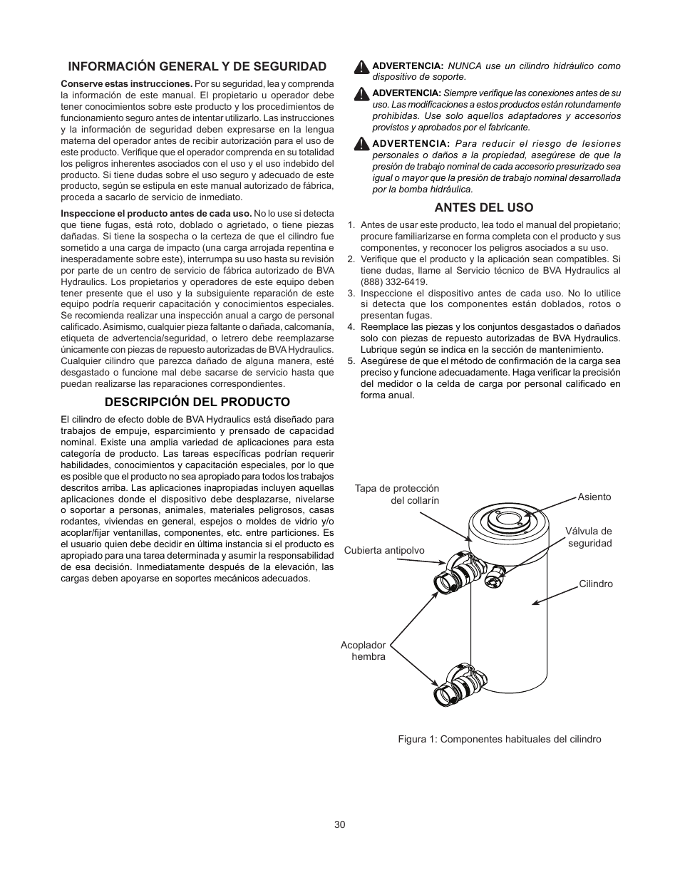 Información general y de seguridad, Descripción del producto, Antes del uso | BVA Hydraulics HDC15008 User Manual | Page 30 / 42
