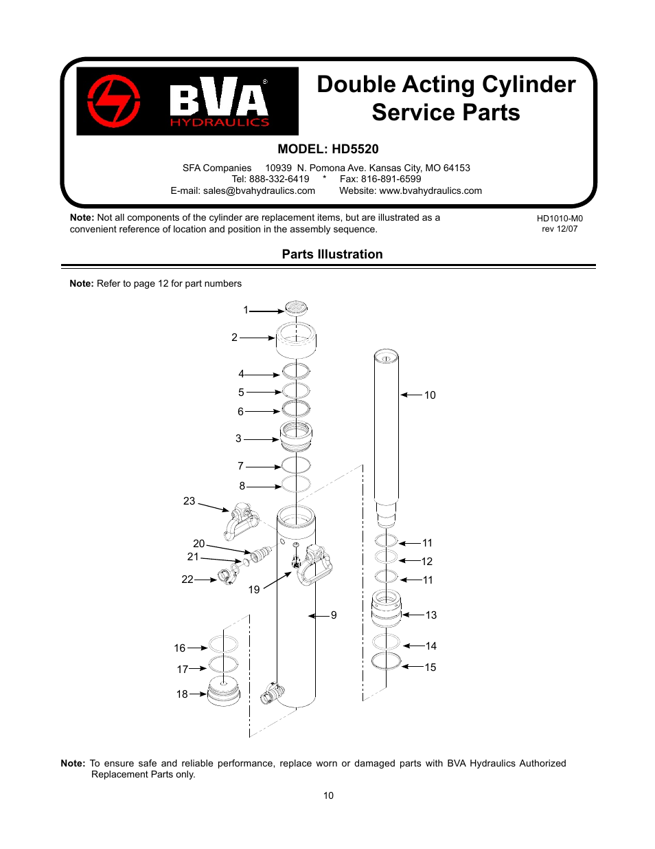 Double acting cylinder service parts | BVA Hydraulics HD10018 User Manual | Page 10 / 12