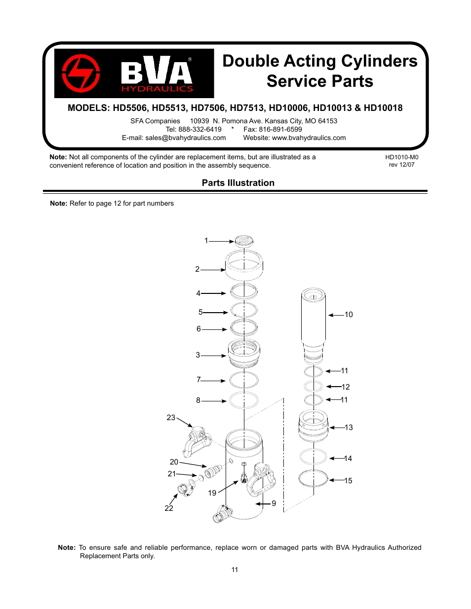 Double acting cylinders service parts | BVA Hydraulics HD10018 User Manual | Page 11 / 12