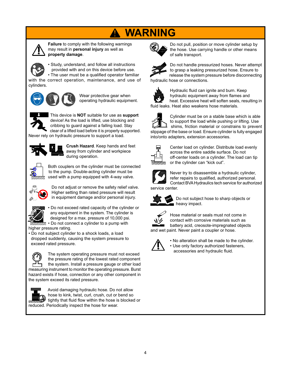 Warning | BVA Hydraulics HD10018 User Manual | Page 4 / 12
