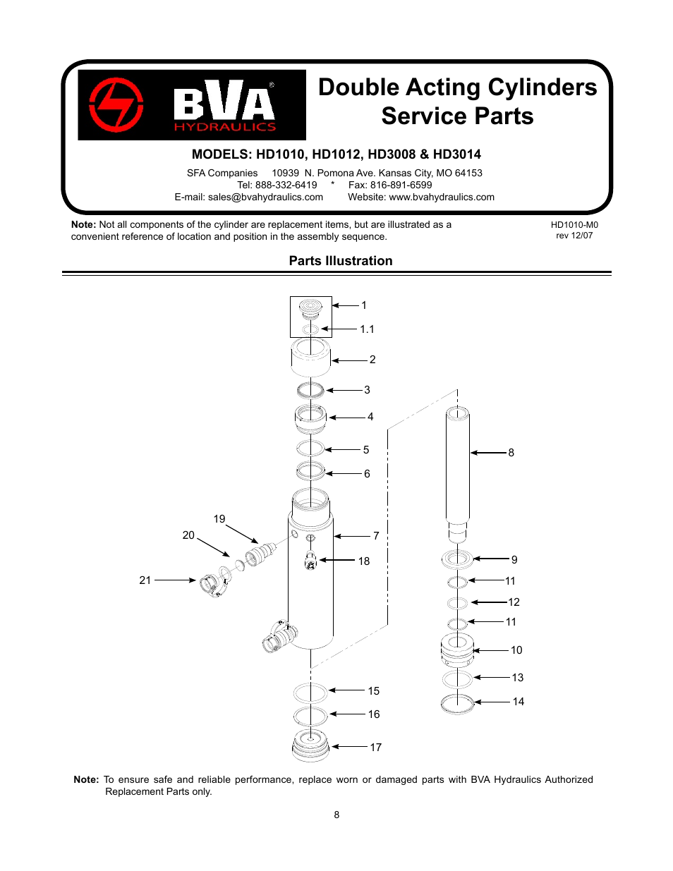 Double acting cylinders service parts | BVA Hydraulics HD10018 User Manual | Page 8 / 12