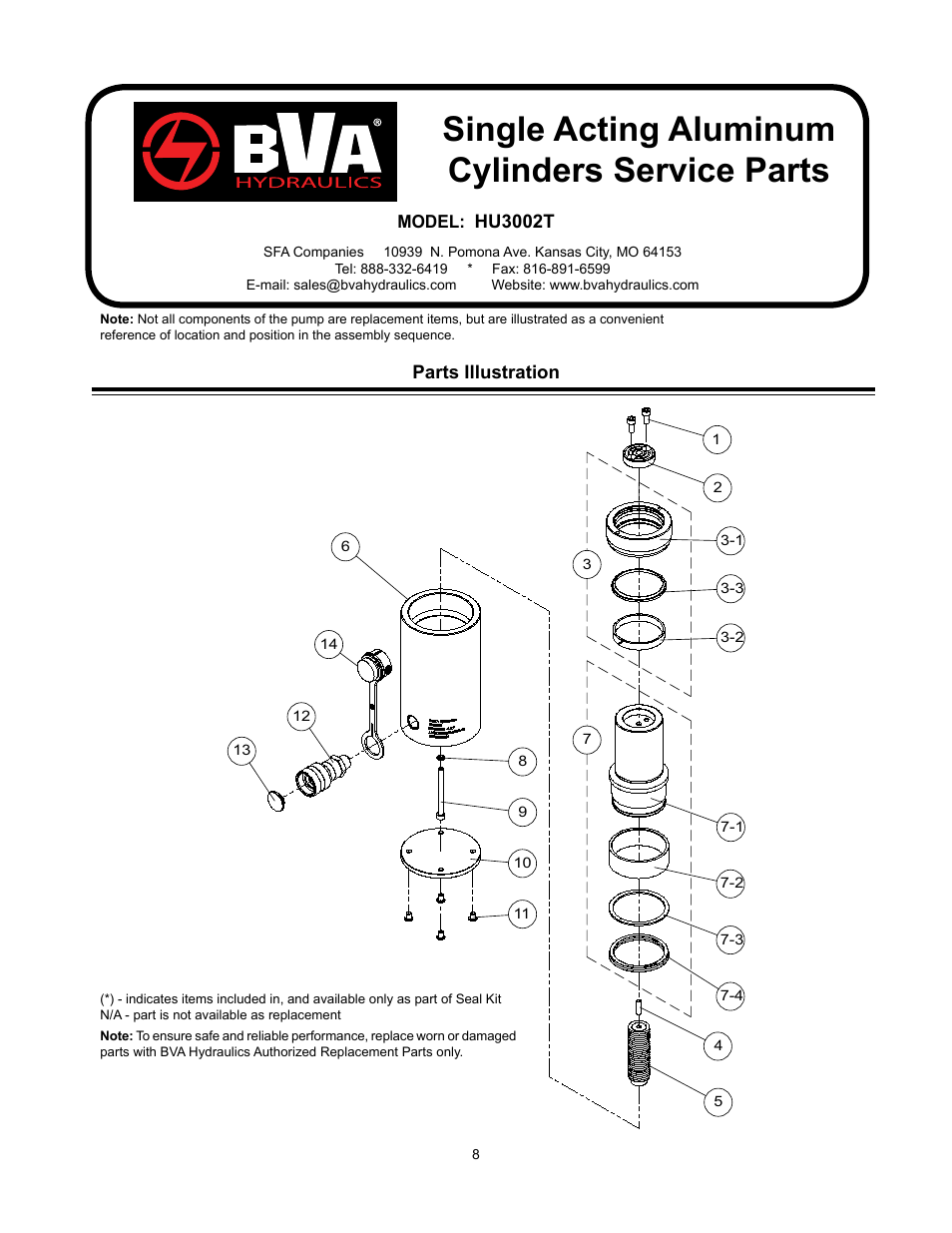 Single acting aluminum cylinders service parts | BVA Hydraulics HU5010T User Manual | Page 8 / 16