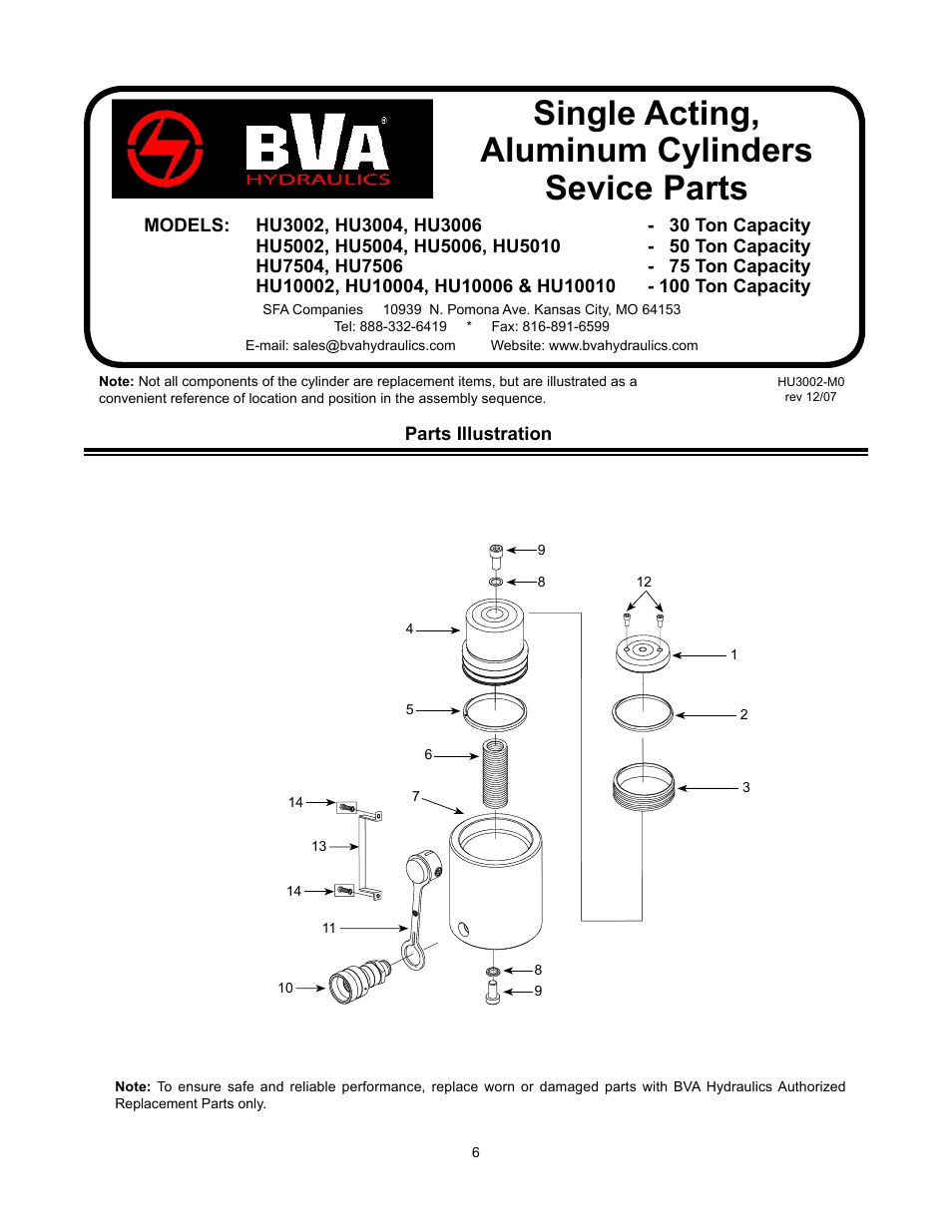 Single acting, aluminum cylinders sevice parts | BVA Hydraulics HU10010 User Manual | Page 6 / 8