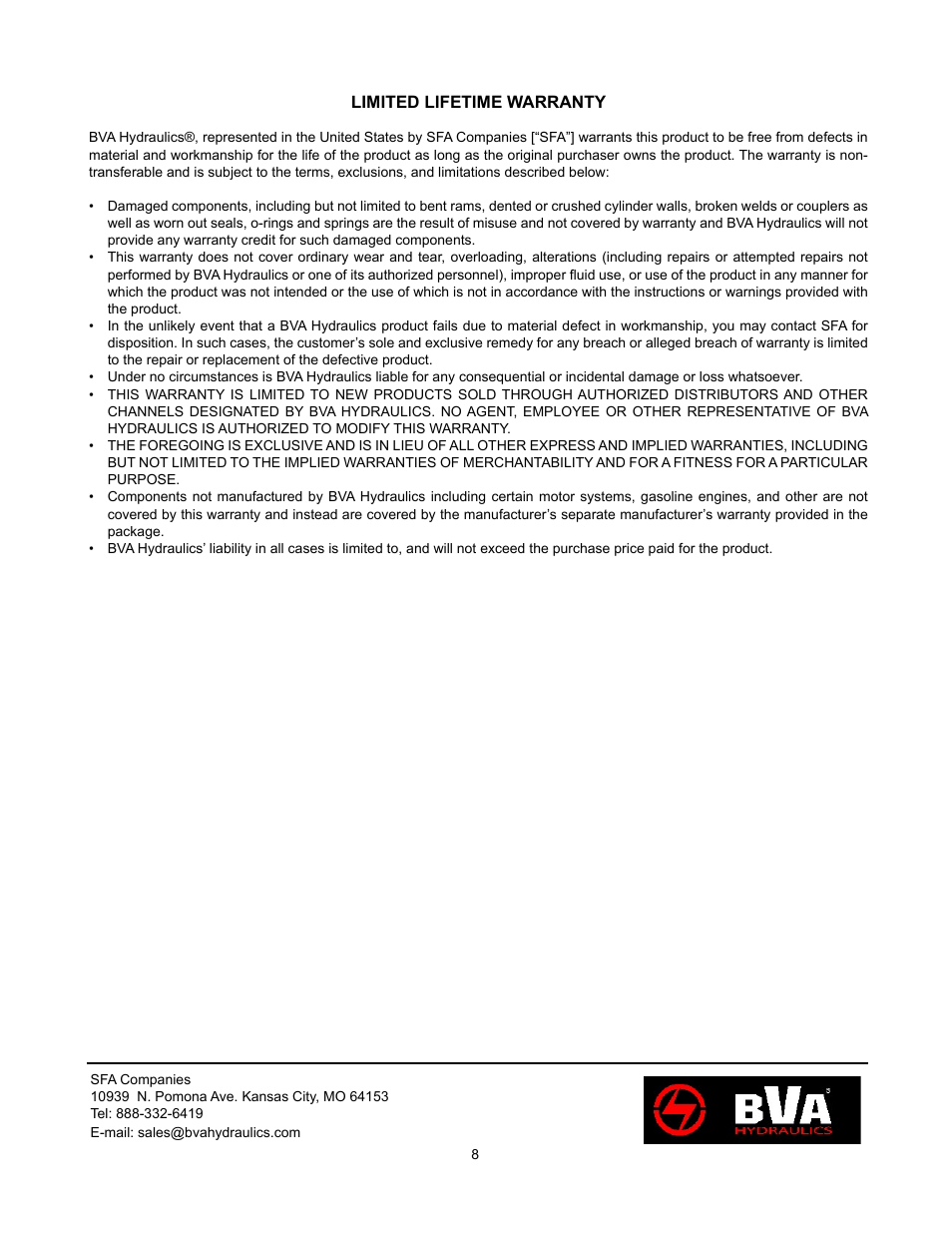 BVA Hydraulics HU10010 User Manual | Page 8 / 8