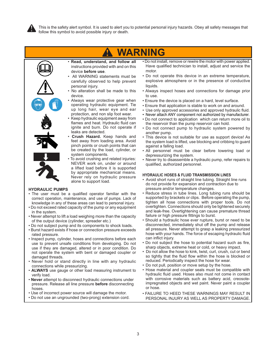 Warning | BVA Hydraulics PS33L User Manual | Page 3 / 16