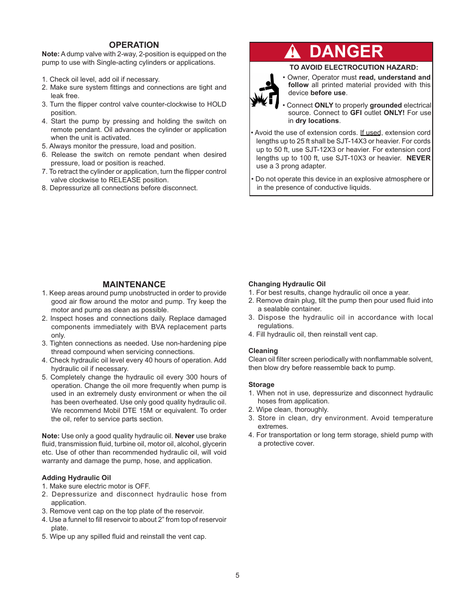 Danger | BVA Hydraulics PS33L User Manual | Page 5 / 16