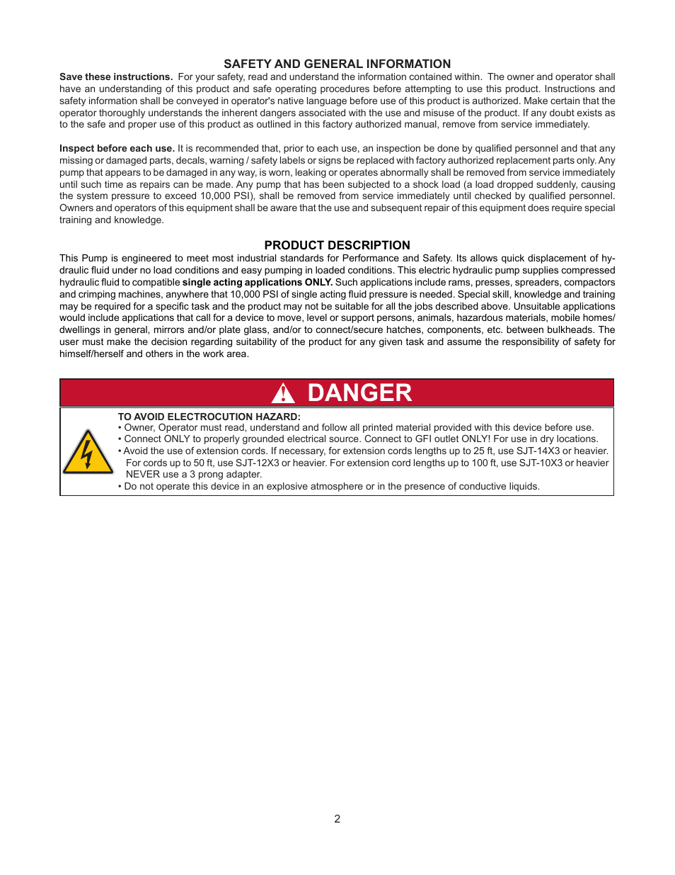 Danger | BVA Hydraulics PEW0501T, PEW1002T, PEW1503T, PEW1505T, PEW3005T User Manual | Page 2 / 12