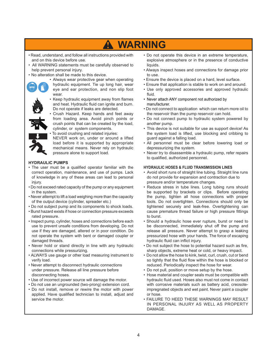 Warning | BVA Hydraulics PEW0501T, PEW1002T, PEW1503T, PEW1505T, PEW3005T User Manual | Page 4 / 12