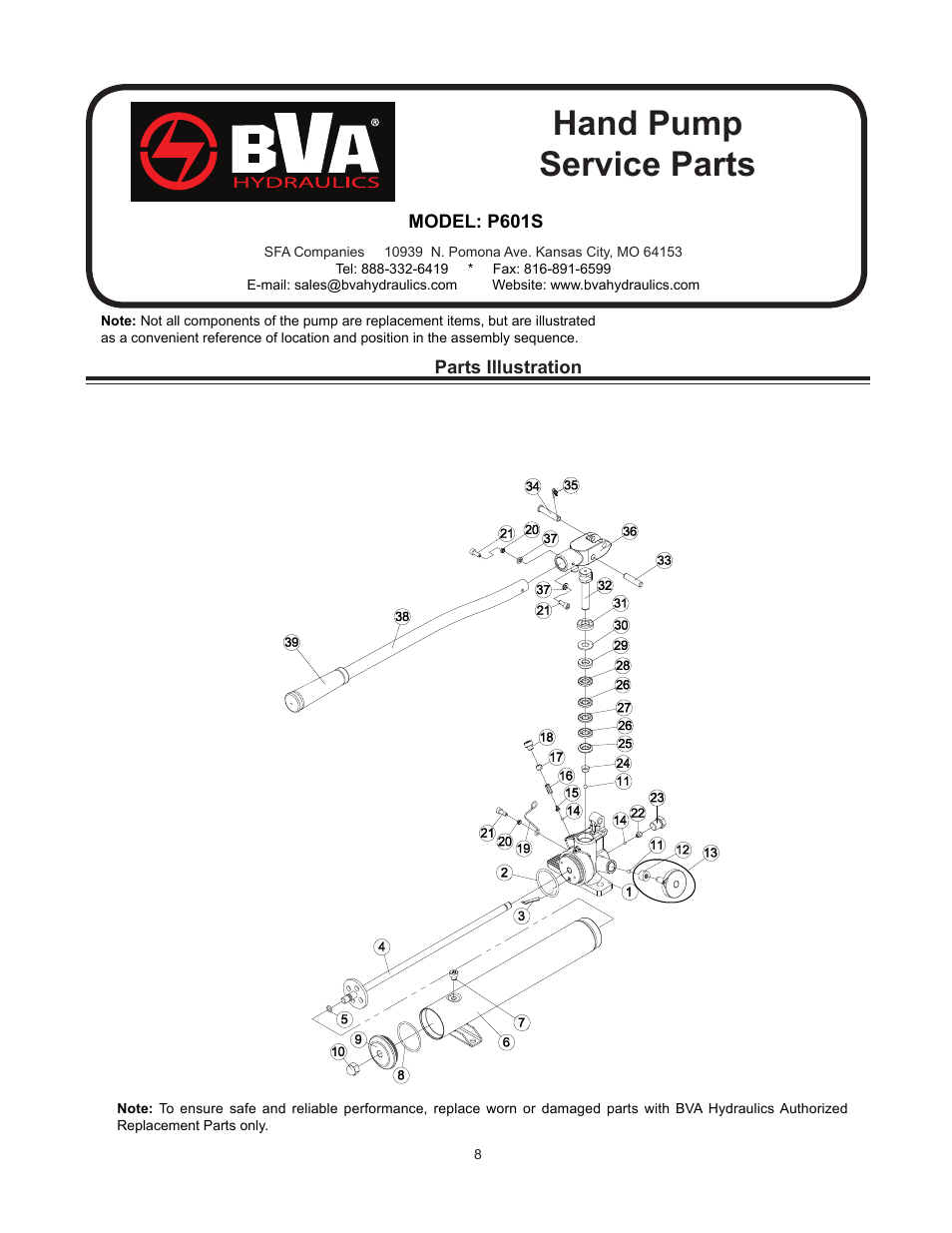 Hand pump service parts | BVA Hydraulics P350, P601S, P1000, P1000AD, P2001 User Manual | Page 8 / 16