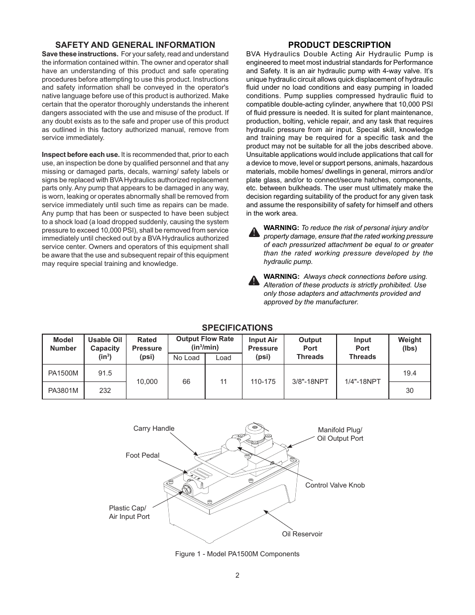 BVA Hydraulics PA1500M, PA3801M User Manual | Page 2 / 12