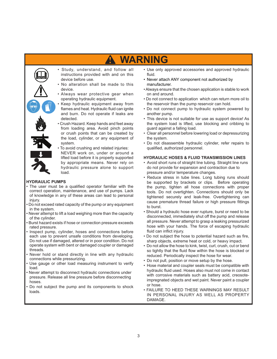 Warning | BVA Hydraulics PA1500M, PA3801M User Manual | Page 3 / 12