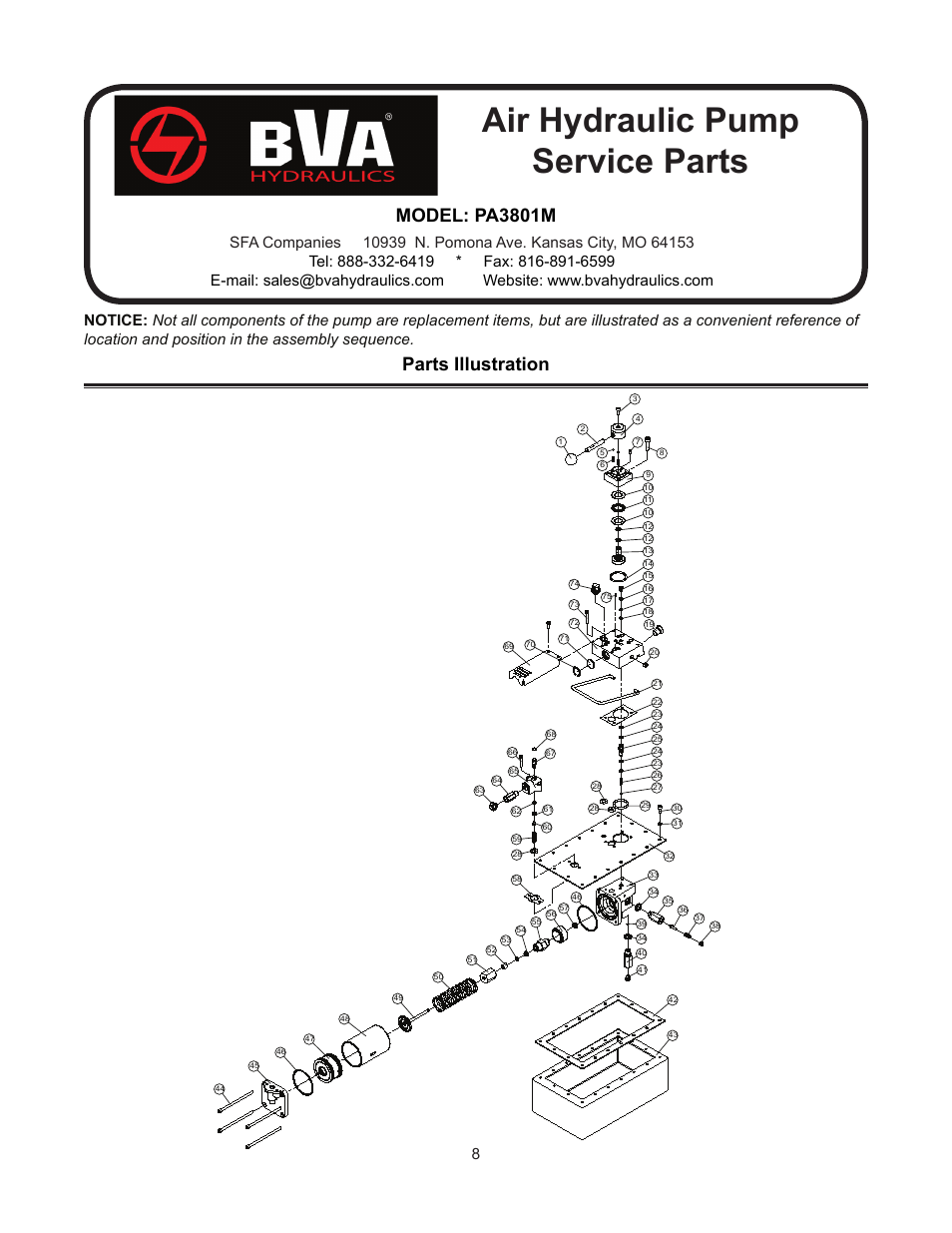 Air hydraulic pump service parts, Model: pa3801m, Parts illustration | BVA Hydraulics PA1500M, PA3801M User Manual | Page 8 / 12