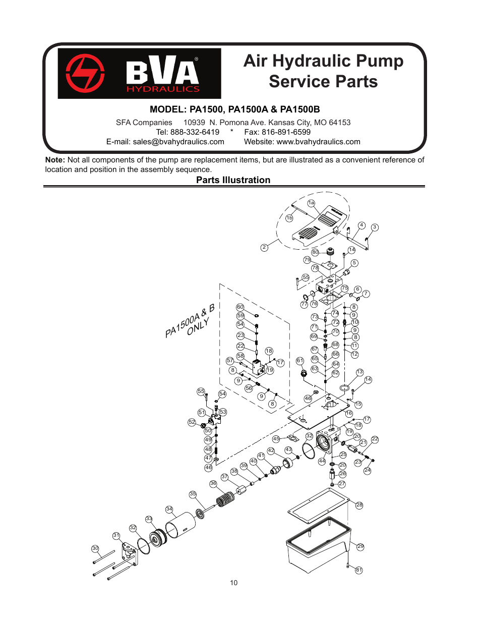 Air hydraulic pump service parts, Pa1500a & b on ly, Parts illustration | BVA Hydraulics PA600, PA600H, PA1500, PA1500A, PA1500B, PA2000, PA3801 User Manual | Page 10 / 16