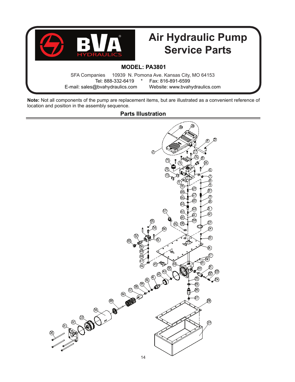 Air hydraulic pump service parts | BVA Hydraulics PA600, PA600H, PA1500, PA1500A, PA1500B, PA2000, PA3801 User Manual | Page 14 / 16