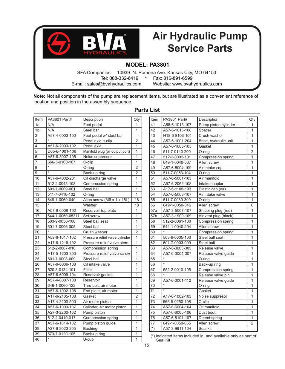 Air hydraulic pump service parts, Model: pa3801, Parts list | BVA Hydraulics PA600, PA600H, PA1500, PA1500A, PA1500B, PA2000, PA3801 User Manual | Page 15 / 16