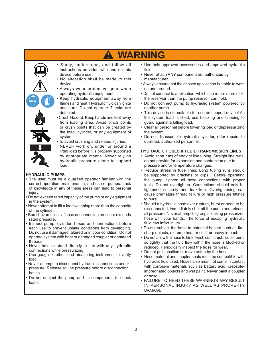 Warning | BVA Hydraulics PA600, PA600H, PA1500, PA1500A, PA1500B, PA2000, PA3801 User Manual | Page 3 / 16