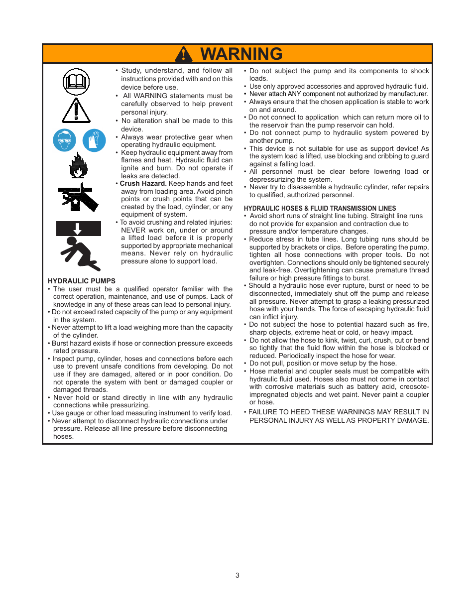 Warning | BVA Hydraulics PA3801-HP12 User Manual | Page 3 / 8