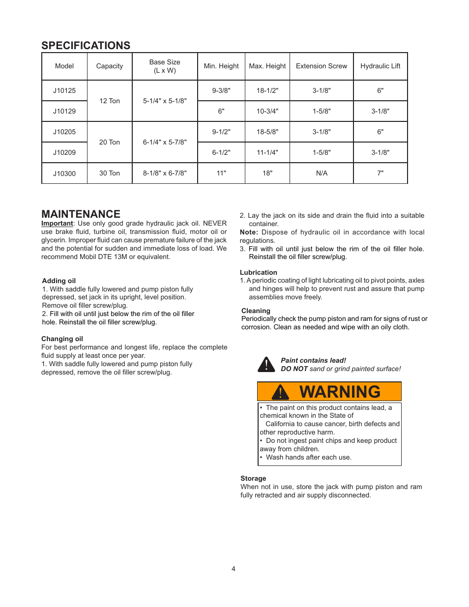 Warning, Specifications maintenance | BVA Hydraulics J10300 User Manual | Page 4 / 8