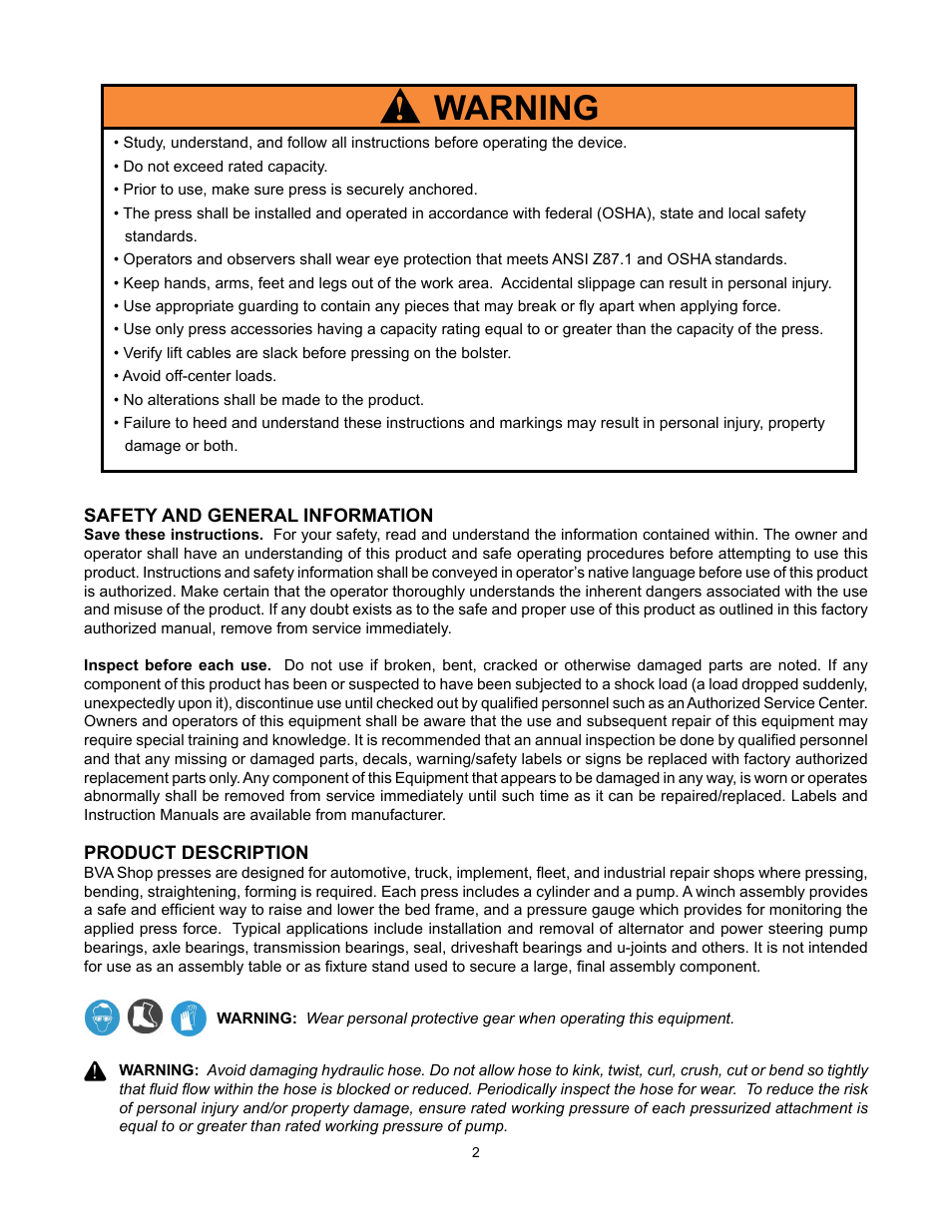 Warning | BVA Hydraulics IMP2514, IAP2514, IEP2514, IEPS2514 User Manual | Page 2 / 10