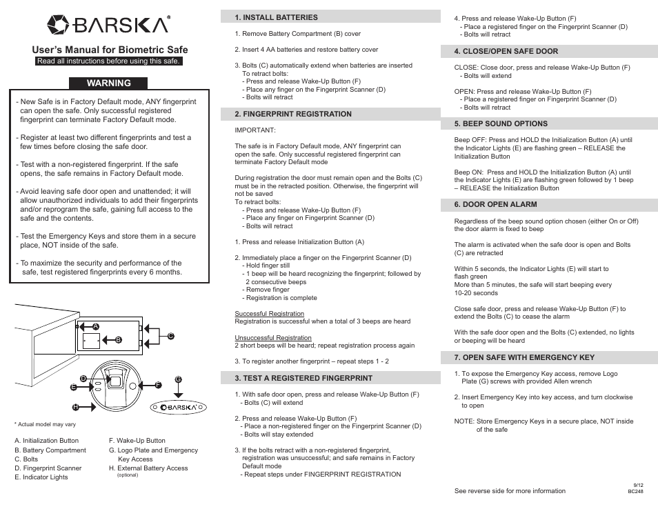 BARSKA AX11224 - Biometric Safe with Fingerprint Lock User Manual | 2 pages