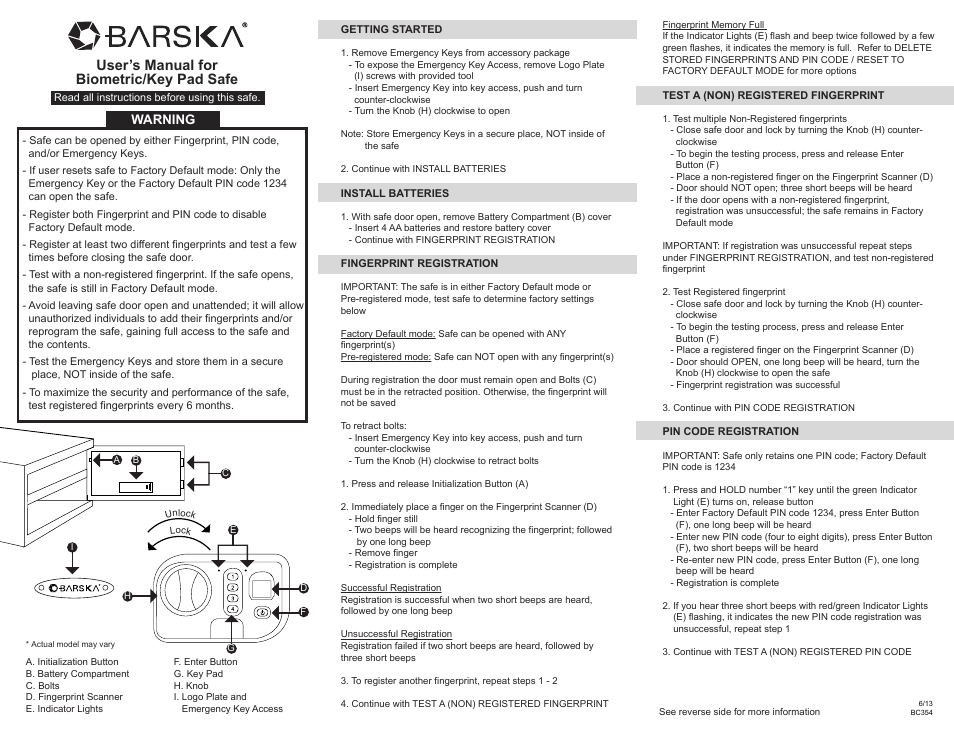 BARSKA AX11644 - Compact Biometric Keypad Safe User Manual | 2 pages