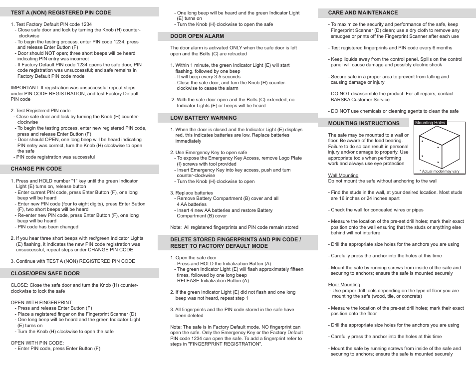 BARSKA AX11644 - Compact Biometric Keypad Safe User Manual | Page 2 / 2