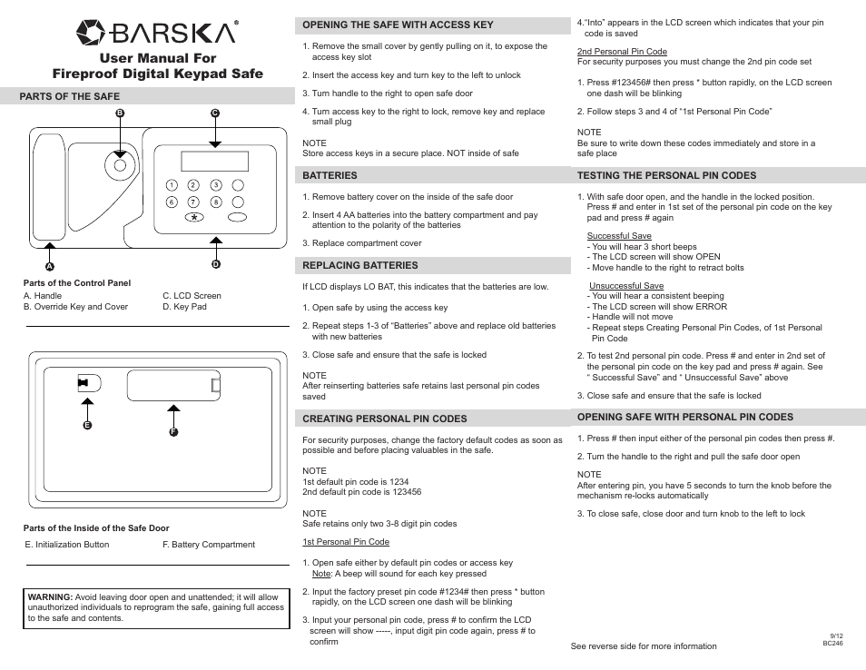 BARSKA AX11902 - Fireproof Digital Keypad Safe User Manual | 2 pages