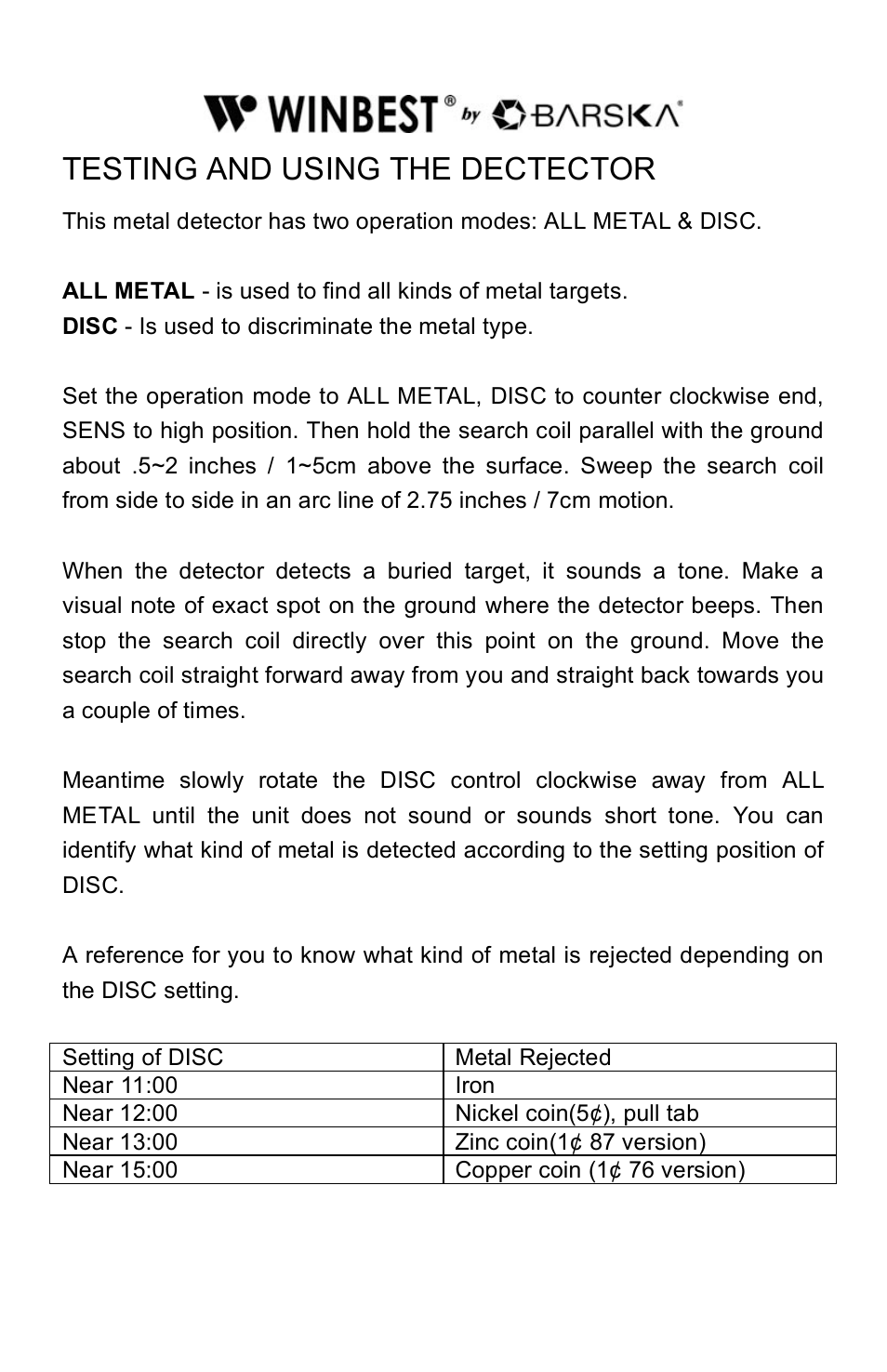 Testing and using the dectector | BARSKA BE11638 Pro Edition Metal Detector User Manual | Page 10 / 14