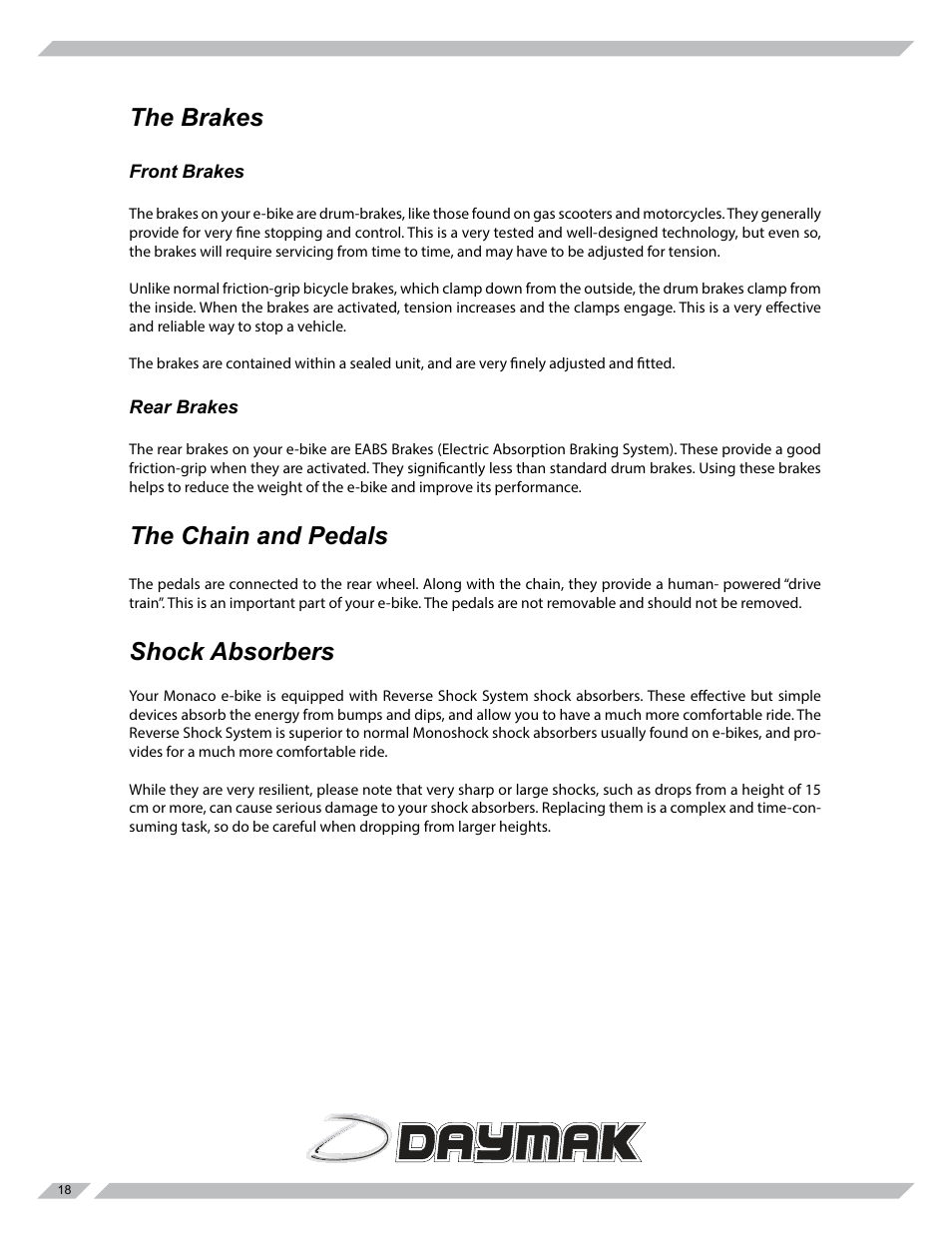 The brakes, The chain and pedals, Shock absorbers | Daymak Rome 48V User Manual | Page 18 / 27