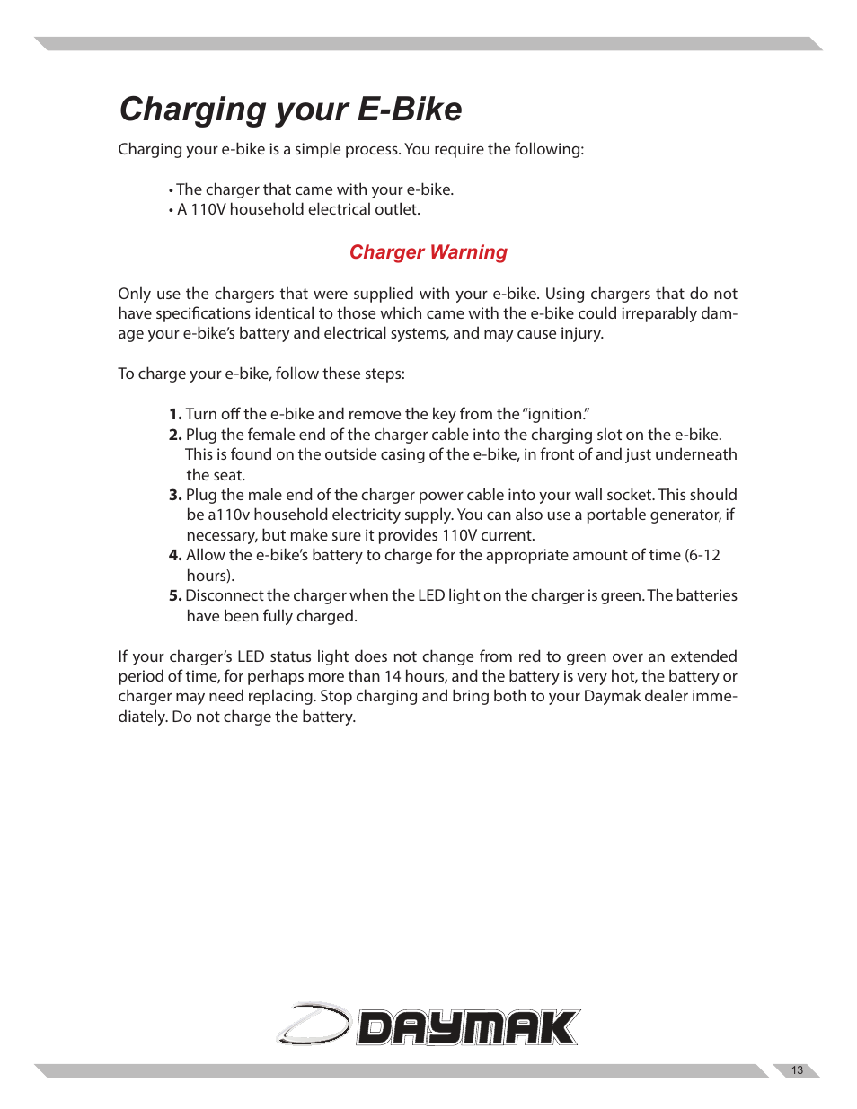 Charging your e-bike | Daymak Beijing User Manual | Page 13 / 27