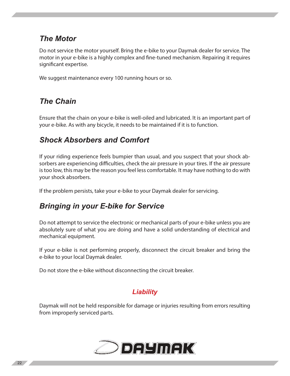 The motor, The chain, Shock absorbers and comfort | Bringing in your e-bike for service | Daymak Beijing User Manual | Page 22 / 27
