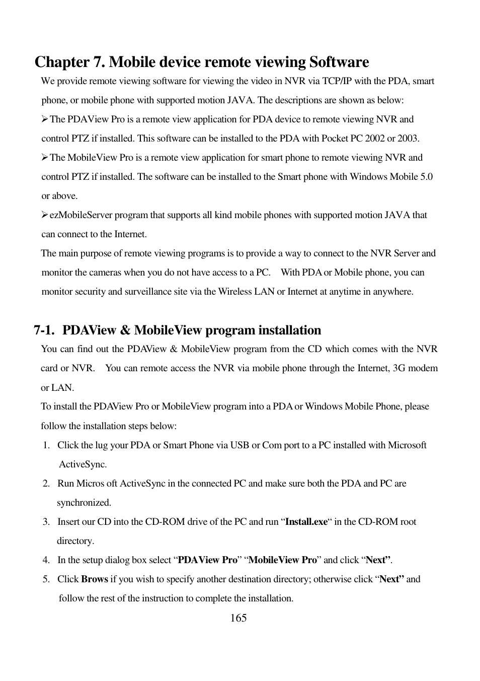 Chapter 7. mobile device remote viewing software, 1. pdaview & mobileview program installation | I-View AnyNet-0401Mini Embedded NVR User Manual | Page 165 / 169