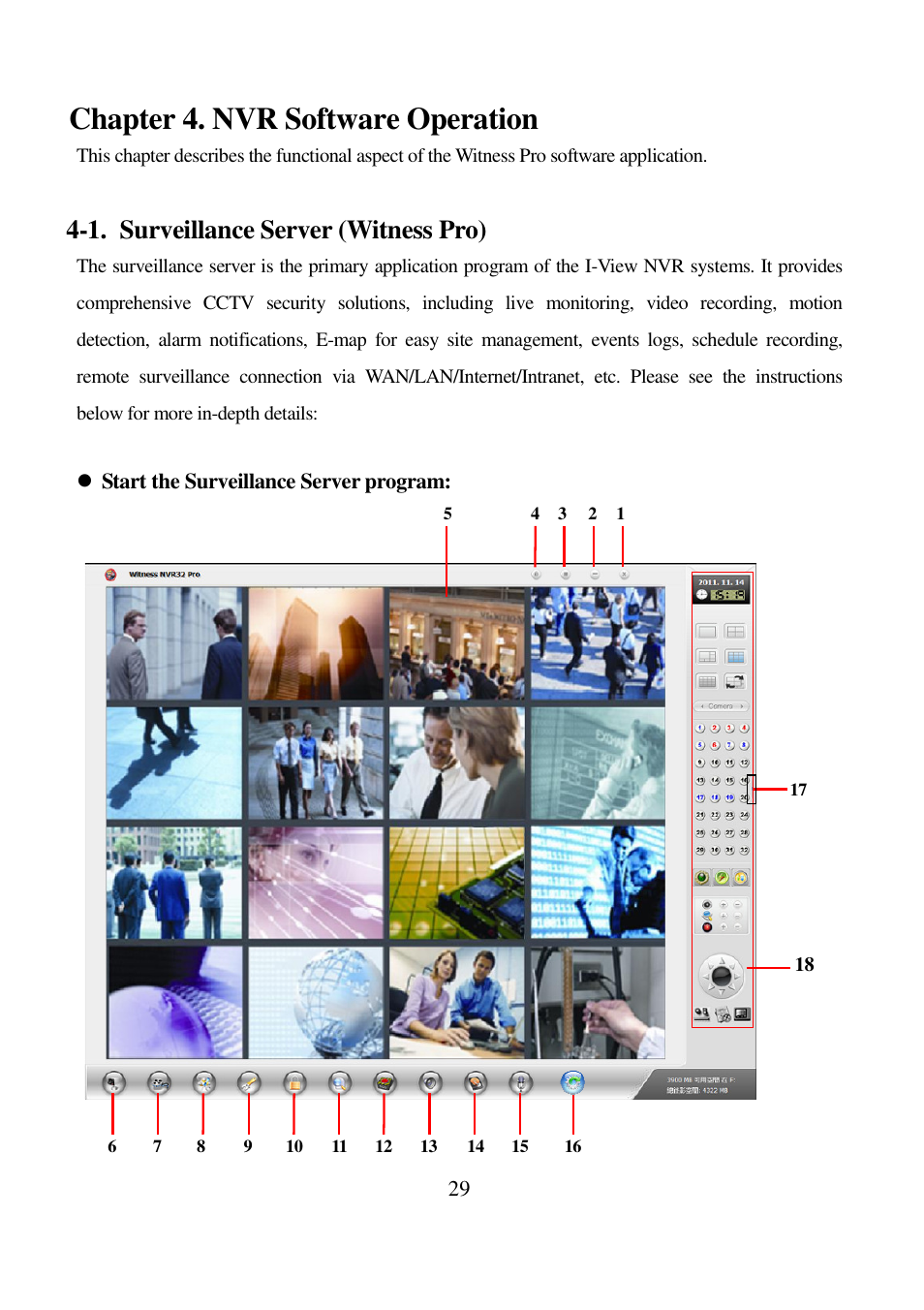 Chapter 4. nvr software operation, 1. surveillance server (witness pro) | I-View AnyNet-0401Mini Embedded NVR User Manual | Page 29 / 169
