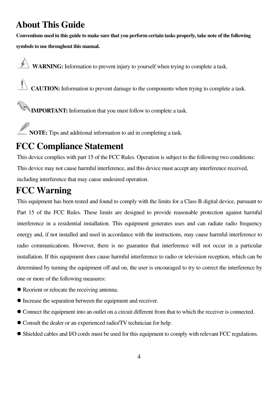 About this guide, Fcc compliance statement, Fcc warning | I-View AnyNet-0401Mini Embedded NVR User Manual | Page 4 / 169