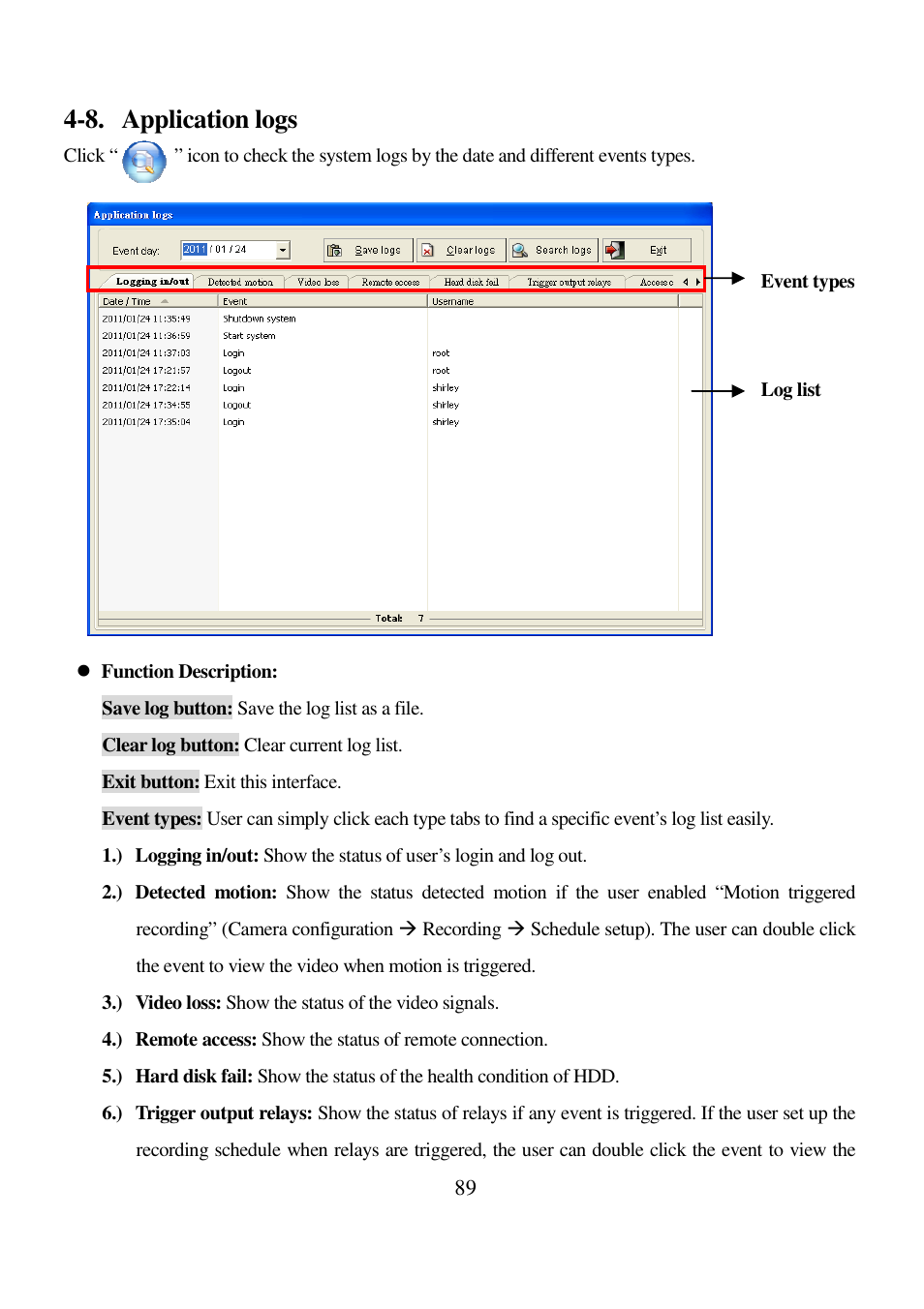 8. application logs | I-View AnyNet-0401Mini Embedded NVR User Manual | Page 89 / 169
