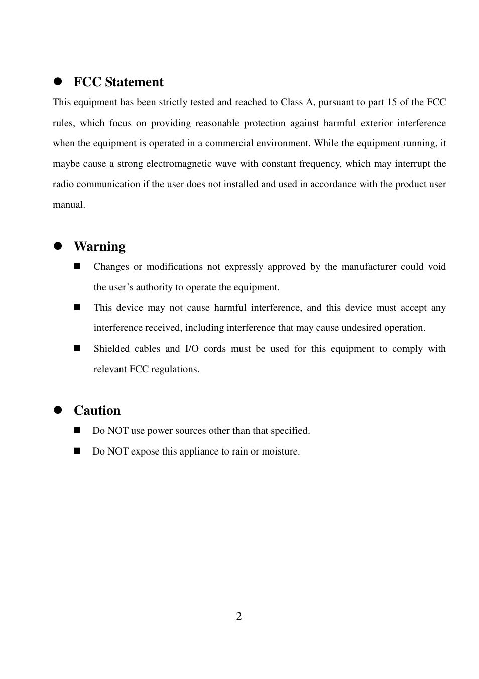 Fcc statement, Warning, Caution | I-View FSKY-100 3D/4D Joystick Keyboard User Manual | Page 2 / 13