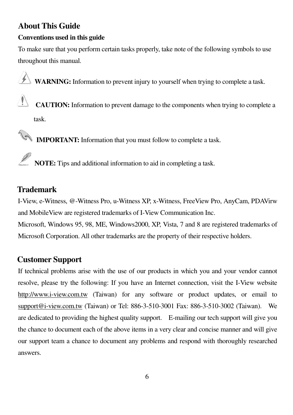 About this guide, Trademark, Customer support | I-View IR-5MIPN42 5-Megapixels IR Bullet IP Camera User Manual | Page 6 / 55