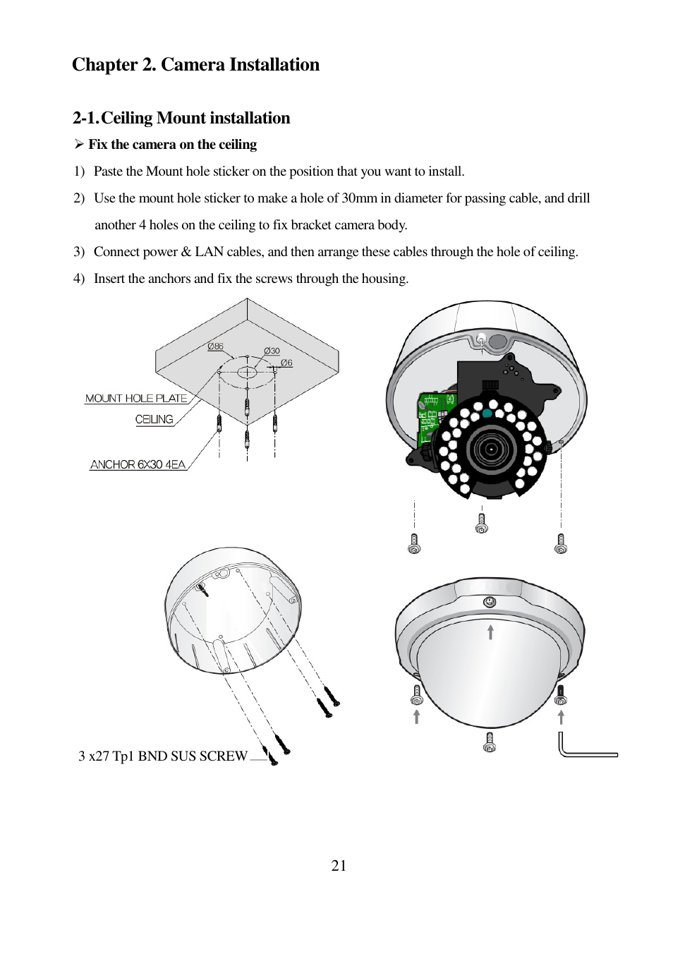 Chapter 2. camera installation, 1. ceiling mount installation | I-View DM-5MIPN30 5-Megapixels IR Vandal Proof Dome IP Camera User Manual | Page 21 / 57